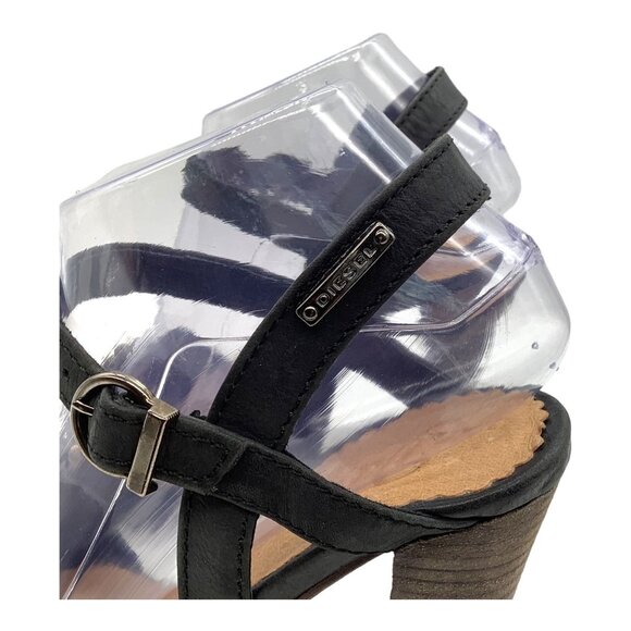 DIESEL 36 Cuir Desir Soleil Studded Sandal Block Heel Black Leather Ankle Strap - Picture 8 of 11